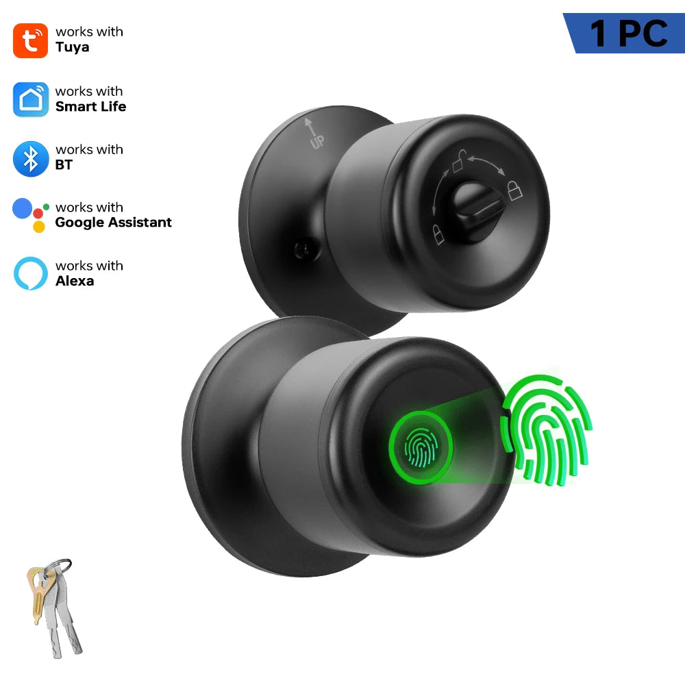 YFK Smart Door Lock Knob Fingerprint Unlock Keyless Entry Tuya App Control Matte Black Front Door Bedroom Home Security