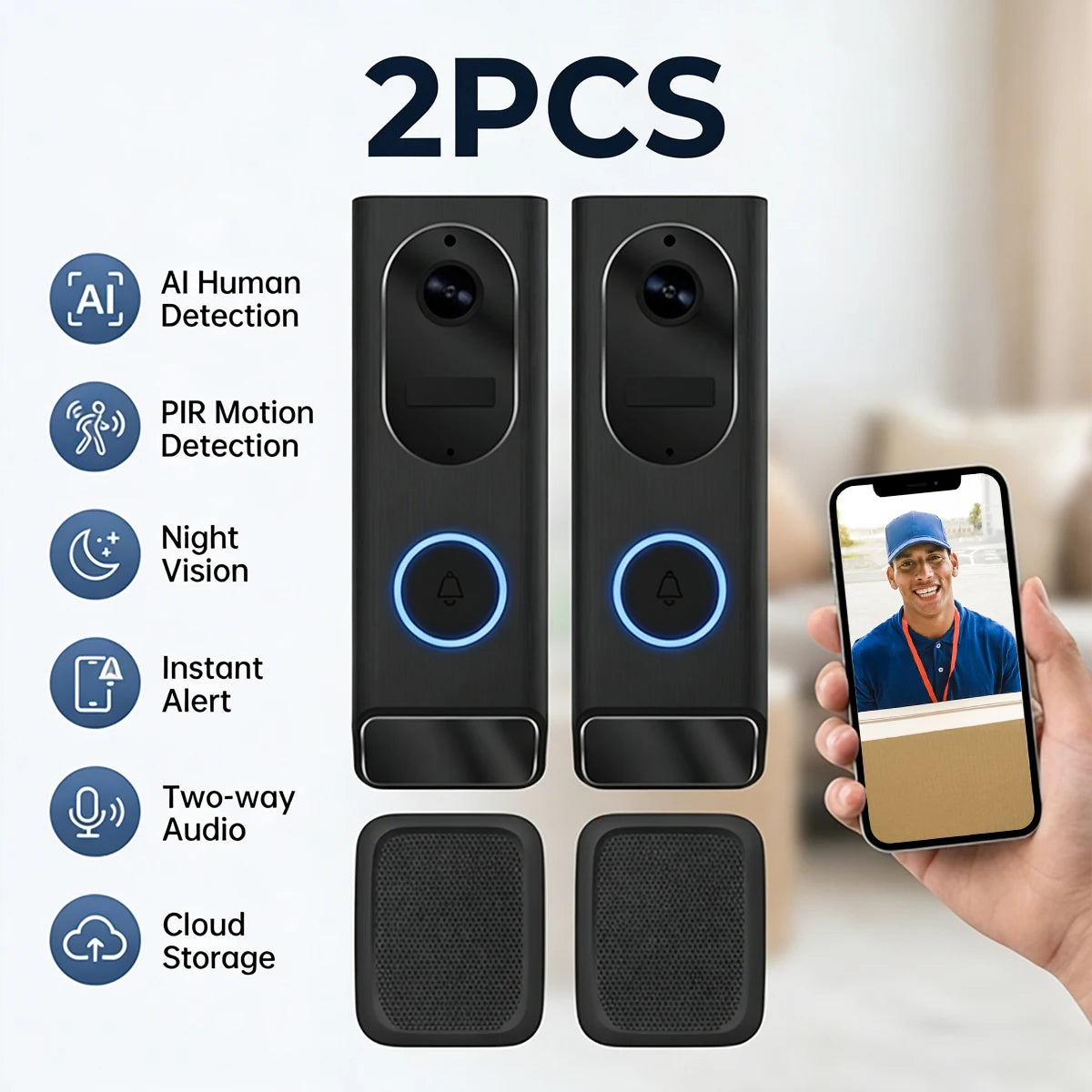 BUFO S7 Smart Video Doorbell 1Pack / 2Pack 1080P HD WiFi Security Camera 5200mAh Battery IP65 Waterproof PIR Motion Detection Full‑Duplex Two‑Way Audio Night Vision RF433 Doorbell Chime CamVigil App Control Home Security