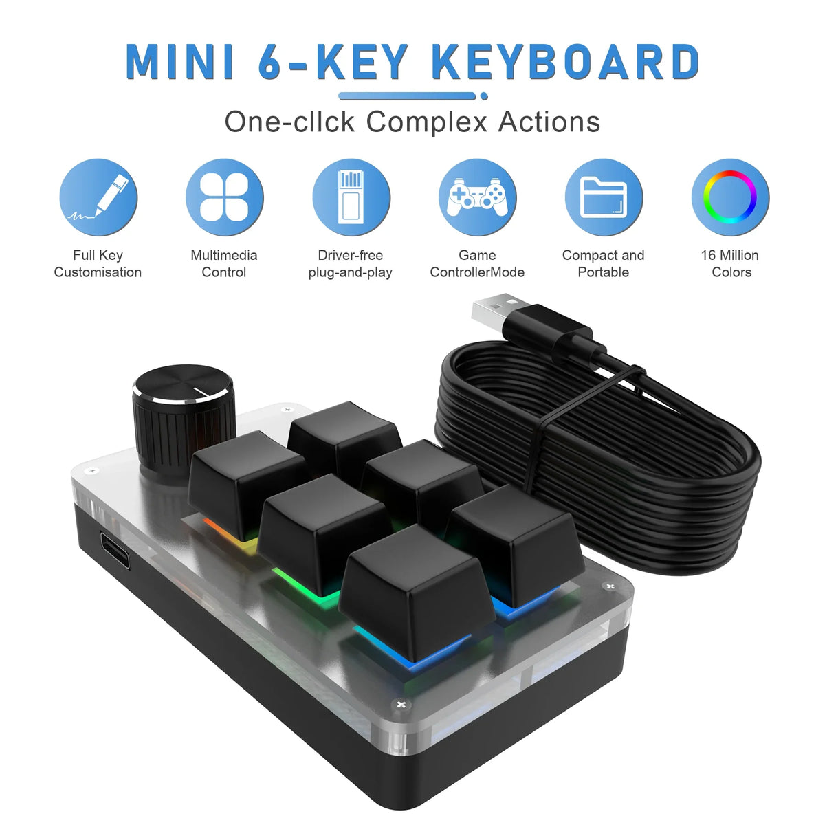Mini Custom Programming Keyboard 6 Keys 1 Knob RGB Programming Macro Gaming Knob Keypads USB Wired Hot Swap Mechanical Keyboard