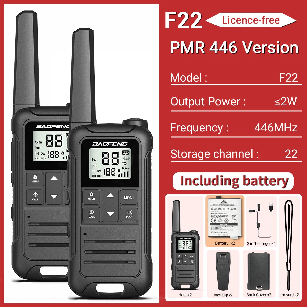 2pcs Baofeng F22 Mini Walkie Talkie PMR 446MHZ Long Range NOAA Type-C Charger Portable Two Way Ham Radio For Hiking