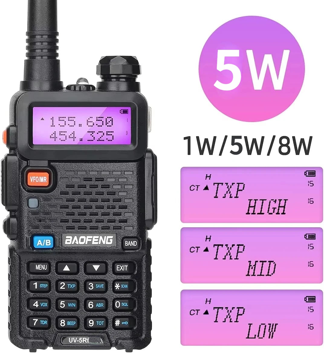 1/2PCS BaoFeng UV-5R 5W Tri-Power Walkie Talkie High Power Dual Band Long Range 128 CH Portable Handheld UV 5R Ham Two Way Radio