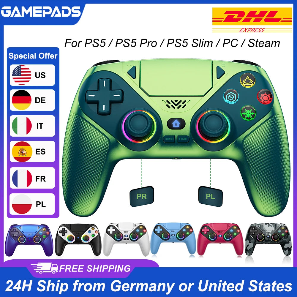 For Playstation 5 Controller RGB Wireless Gaming Bluetooth Control PS5 Macro/Turbo Vibration Dual Sense Anti-Drift Game Joystick