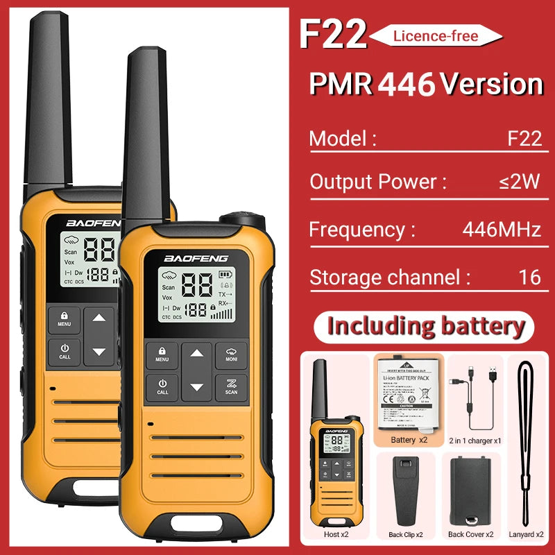 2pcs Baofeng F22 Mini Walkie Talkie PMR 446MHZ Long Range NOAA Type-C Charger Portable Two Way Ham Radio For Hiking
