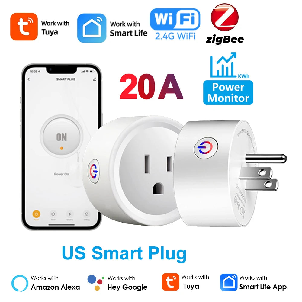 Tuya Smart Plug WiFi / Zigbee US Socket 20A With Power Monitor Timing Outlet Smart Life App Control Works with Alexa Google Home
