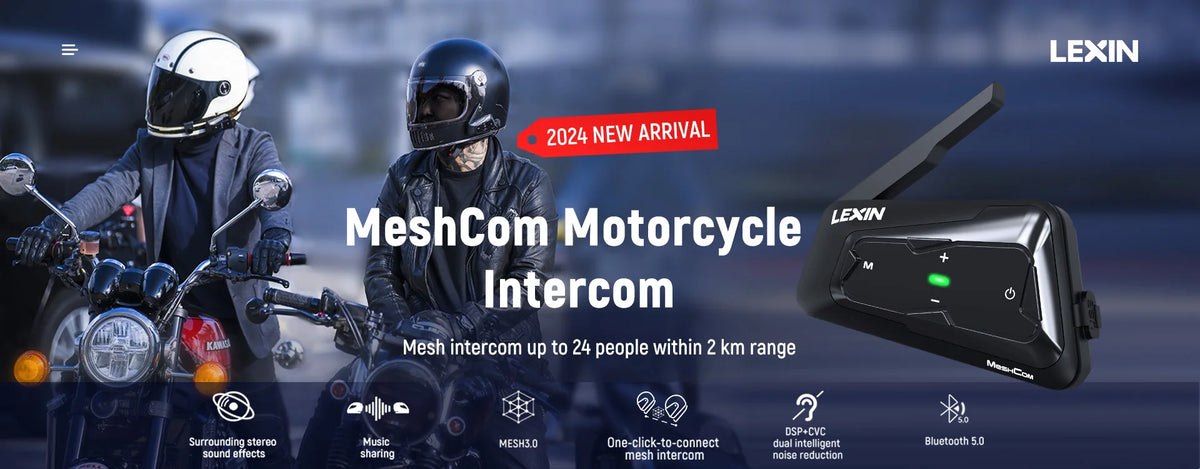 LEXIN-MeshCom Motorcycle MESH&Bluetooth Headset Intercom ,With Mesh Communication System, Parallel Audio- Intercom,24 Riders