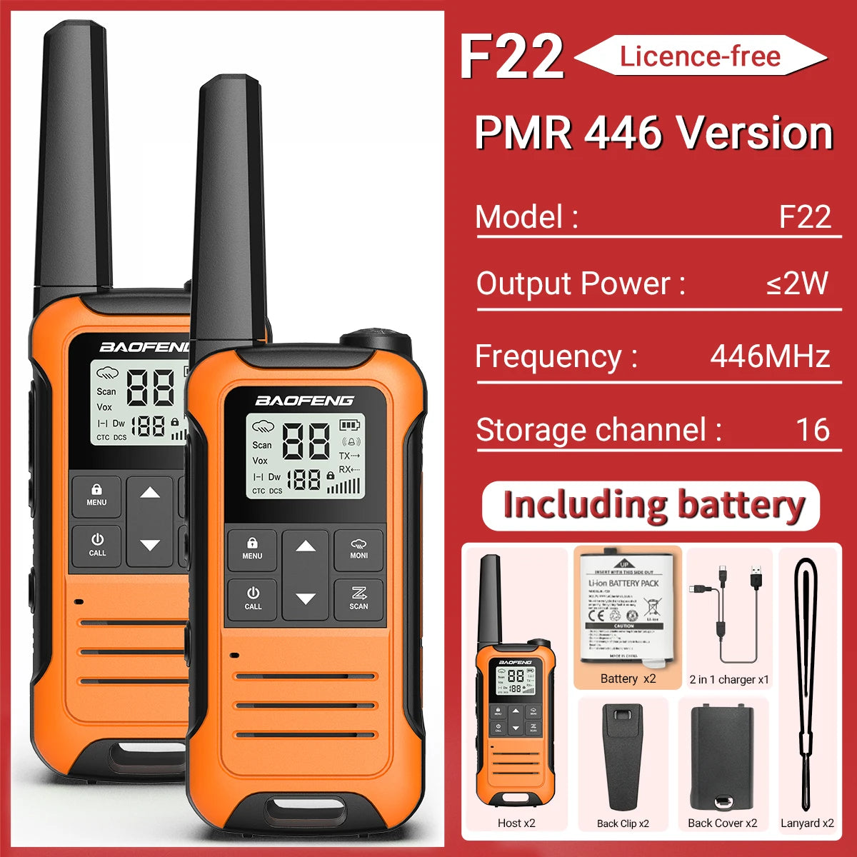 2pcs Baofeng F22 Mini Walkie Talkie PMR 446MHZ Long Range NOAA Type-C Charger Portable Two Way Ham Radio For Hiking