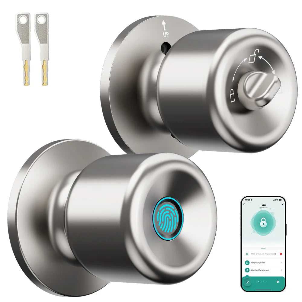 YFK Smart Door Lock Knob Fingerprint Unlock Keyless Entry Tuya App Control Matte Black Front Door Bedroom Home Security