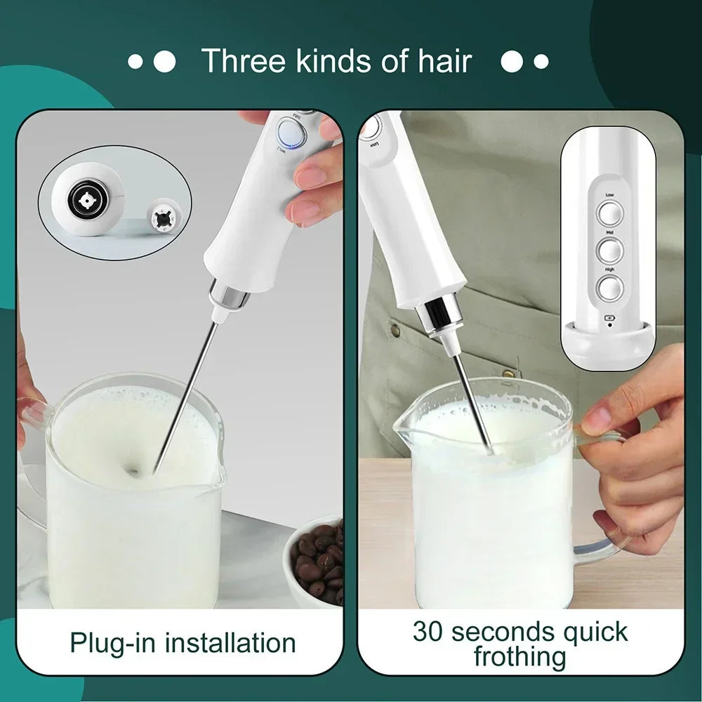USB Rechargeable Electric Milk Frother Mini Handheld Foam Maker 3 Speed Whisks for Latte Coffee Cappuccino Stainless Steel Egg Beater Drink Mixer Hot Chocolate Blender Portable Cordless Kitchen Gadgets Tools