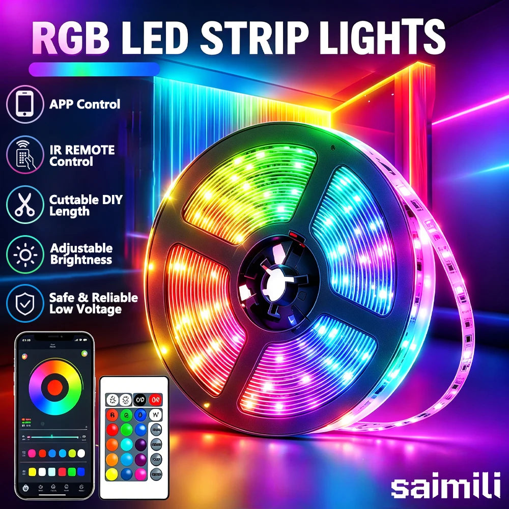 RGB LED Strip Light 5V Bluetooth Control Flexible Self-adhesive Tape Music Sync Diode Lamp for TV Backdrop Game Room Party Decor