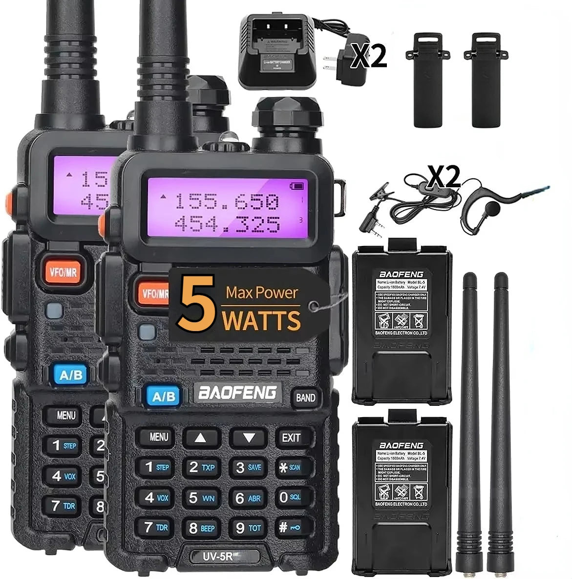 1/2PCS BaoFeng UV-5R 5W Tri-Power Walkie Talkie High Power Dual Band Long Range 128 CH Portable Handheld UV 5R Ham Two Way Radio