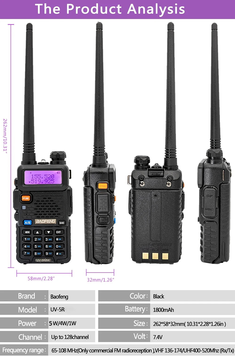 1/2PCS BaoFeng UV-5R 5W Tri-Power Walkie Talkie High Power Dual Band Long Range 128 CH Portable Handheld UV 5R Ham Two Way Radio